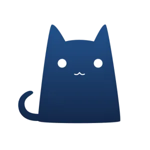 深蓝色小猫形状的应用图标,猫坐着,两只白色圆眼睛,尾巴从左下角卷起