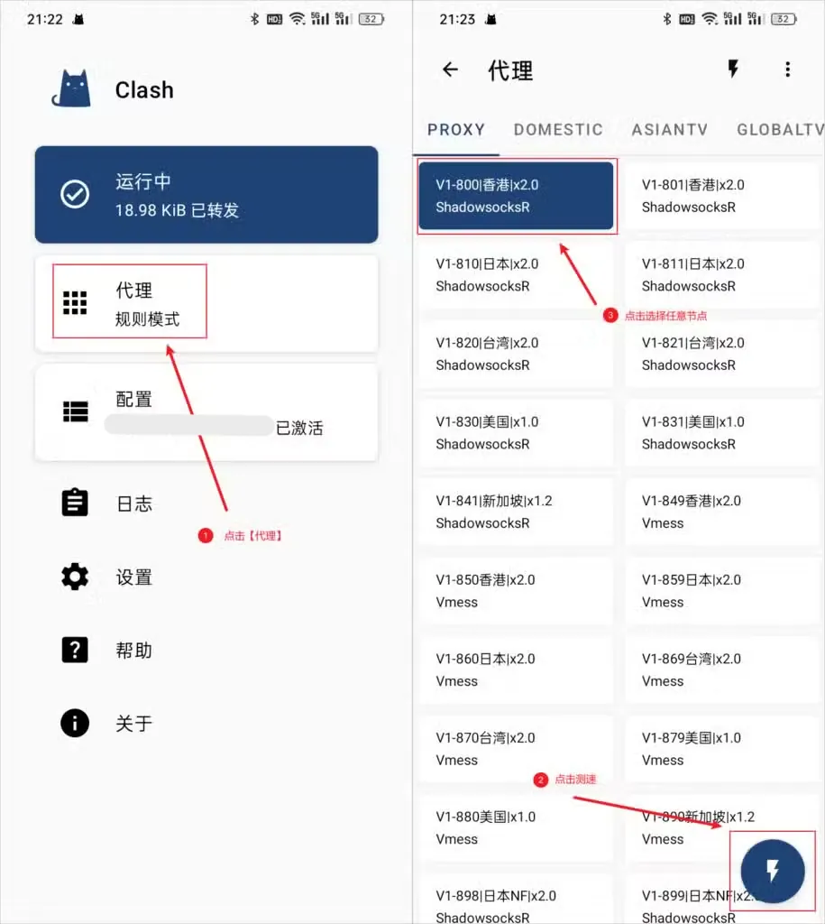 两张截图并排,左图首页显示运行中和 18.98 KiB 已转发,红框标出代理卡片,右图代理页 PROXY 分组里第一个香港节点被选中,右下角闪电按钮被红框圈出