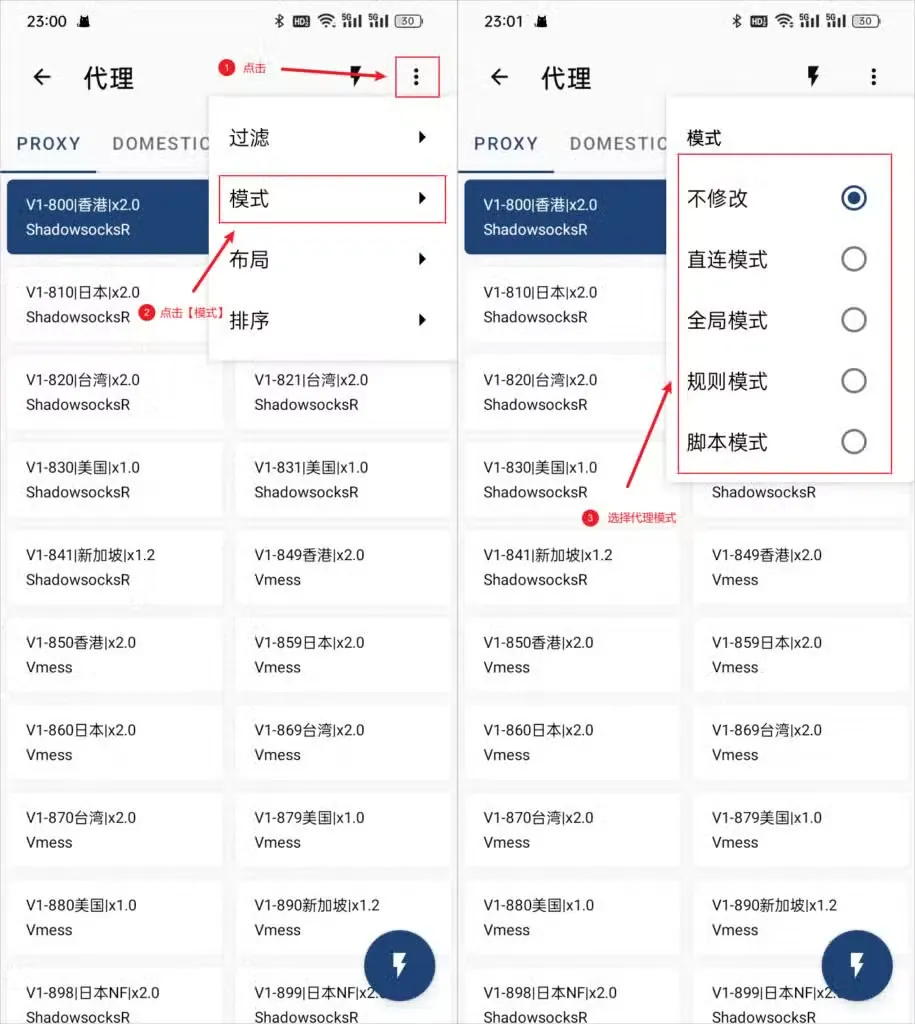 两张截图并排,左图代理页三点菜单展开,红框圈出模式,右图模式单选列表共五项,最后一项是脚本模式,当前勾选不修改