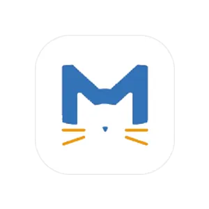 白色圆角方块上画着蓝色字母 M，两个尖角像猫耳，下方有一个小鼻子和两侧的橙色胡须