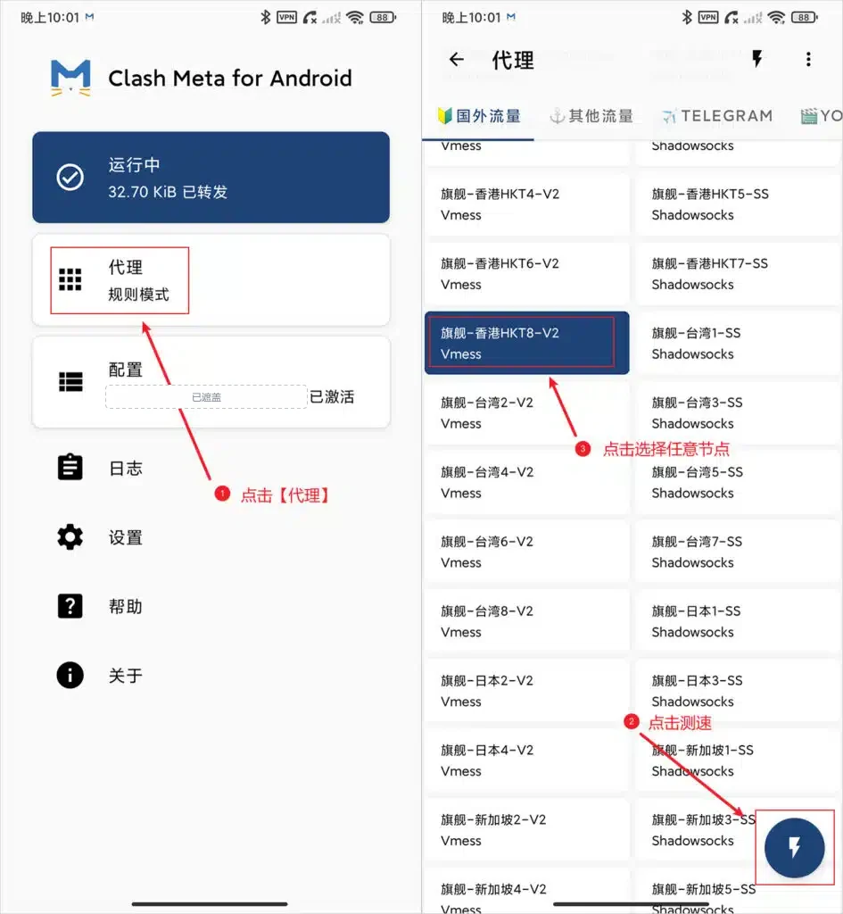 两张截图并排，左图首页显示运行中和 32.70 KiB 已转发，红框标出写着规则模式的代理卡片，右图代理页里一个香港节点被选中变成深蓝色，右下角的闪电按钮也被标出