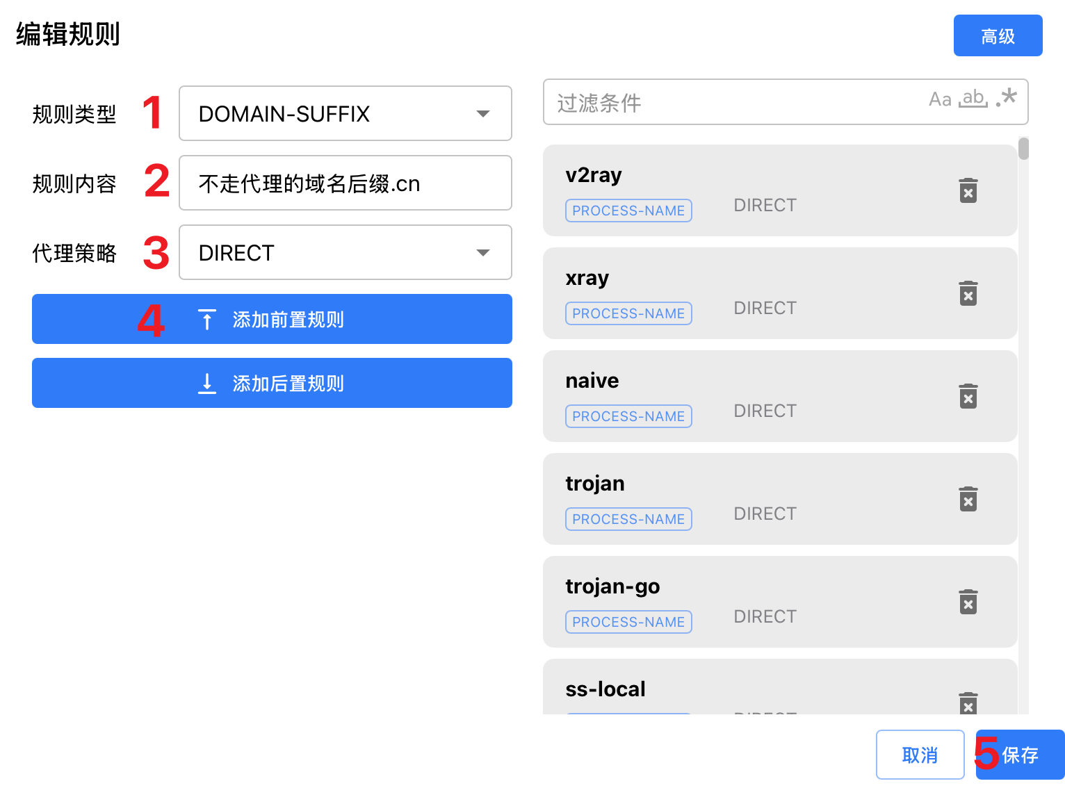 编辑规则对话框截图,红色数字 1 到 5 标出操作顺序,从规则类型的下拉框一路到右下角的保存,右栏列出订阅已有的规则