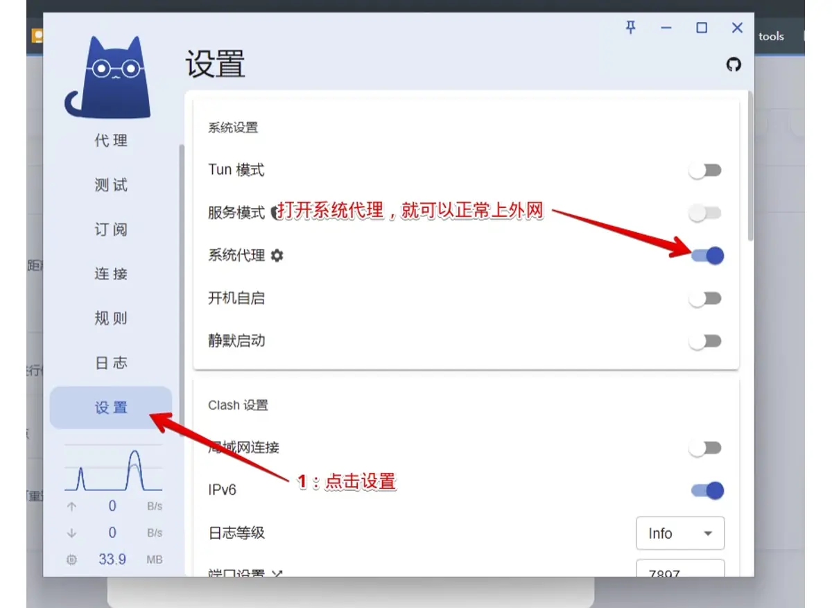 设置页截图，系统代理一行的开关是蓝色，红字标注说打开它就能上外网，另一条标注指向左侧的设置菜单