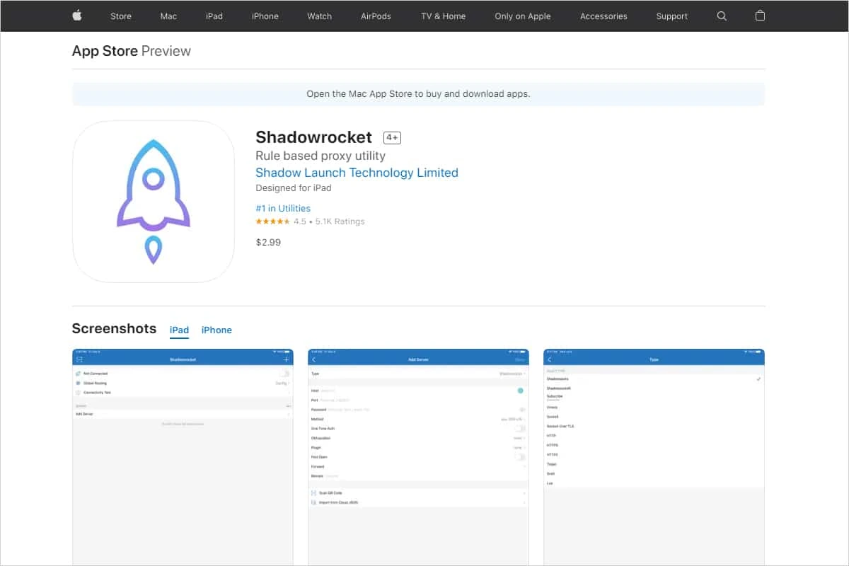 美区 App Store 网页预览中的 Shadowrocket,开发者 Shadow Launch Technology Limited,价格 $2.99