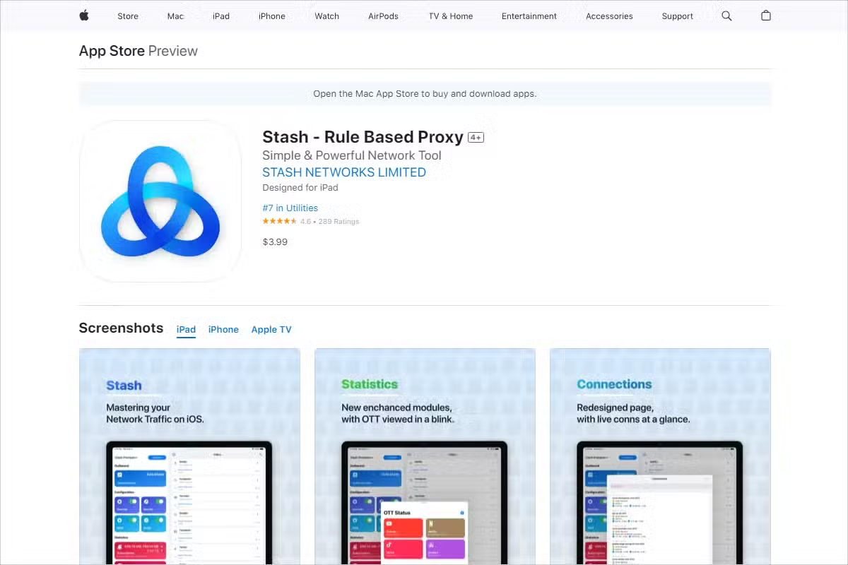 网页版美区商店截图，Stash - Rule Based Proxy 的页面，开发者 STASH NETWORKS LIMITED，价格 $3.99