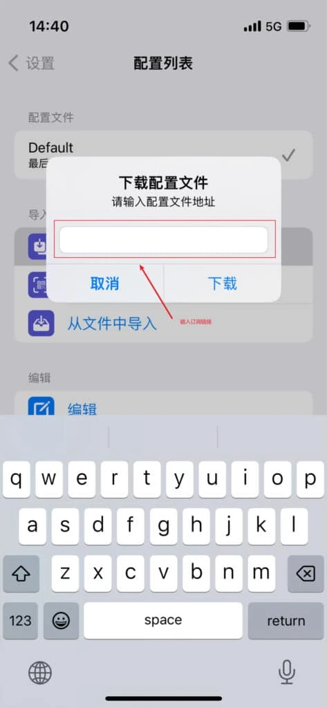 Stash 的下载配置文件弹窗，提示请输入配置文件地址，红框圈着空白输入框，下方是取消和下载