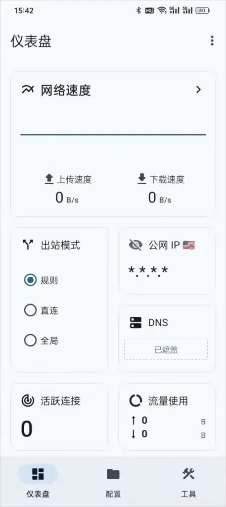 Surfboard 仪表盘截图,上方网络速度的上传下载都是 0 B/s,出站模式勾在规则上,公网 IP 一栏只有几个星号,标签栏只有仪表盘、配置、工具三项