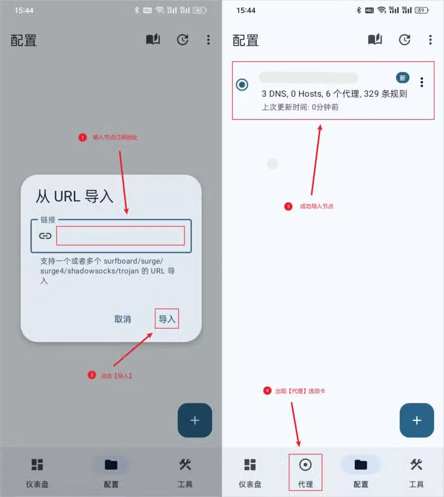 两张截图并排,左半张是标题为从 URL 导入的弹窗,红框标出链接输入框和导入按钮,右半张配置列表出现一张新配置卡片,底部新增的代理标签也被圈出